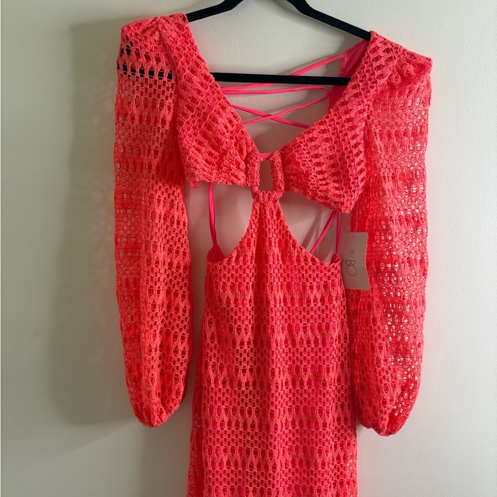 PatBO Neon Coral Cut-Out Crochet Dress - Picture 4 of 10